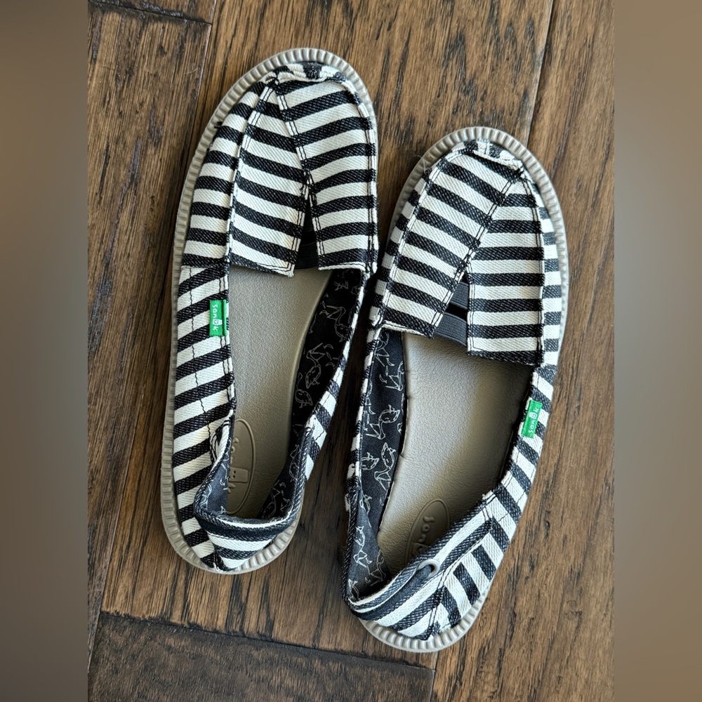 Sanuk Striped Black and White Slip-On Shoes